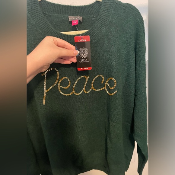 Vince Camuto Forest Green Sweater with Gold Peace Embroidery NWT - Picture 3 of 5